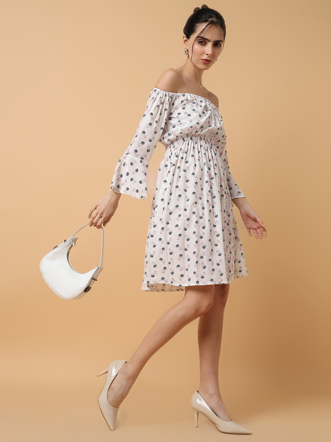 SHOWOFF White & Navy Blue Off-Shoulder Crepe Dress
