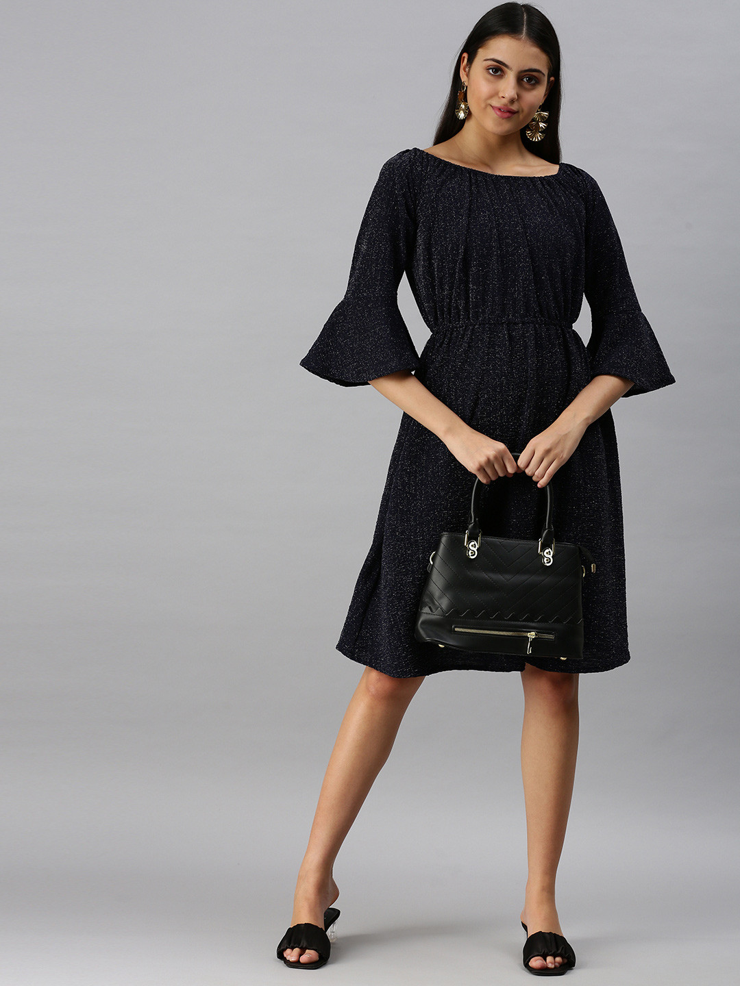 SHOWOFF Navy Blue Boat Neck A-Line Dress