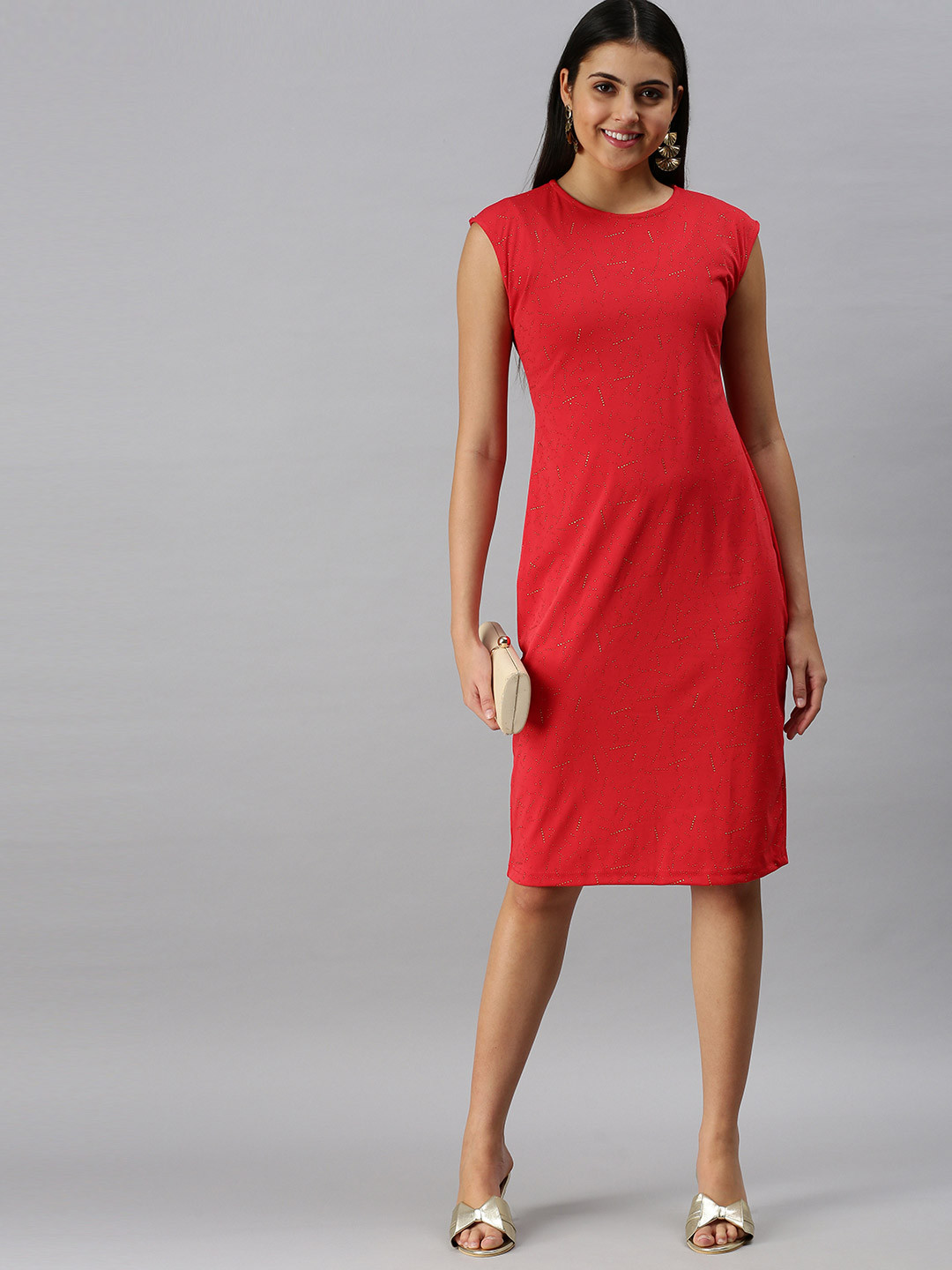 SHOWOFF Red Abstract Printed Sheath Dress