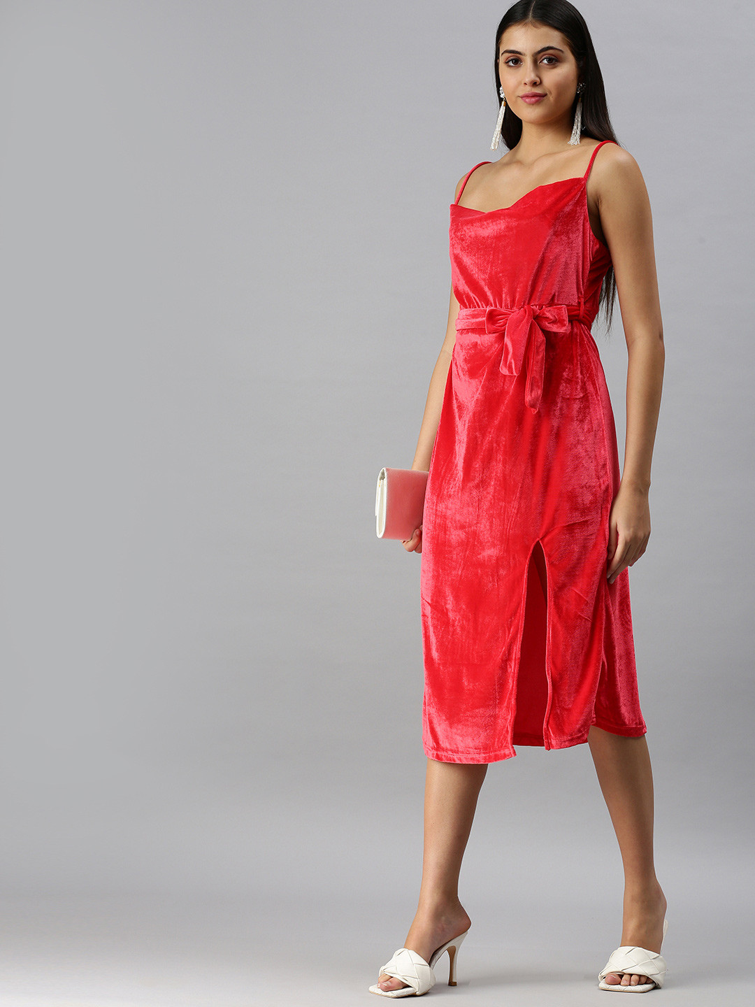 SHOWOFF Women Red Solid Velvet A-Line Midi Dress
