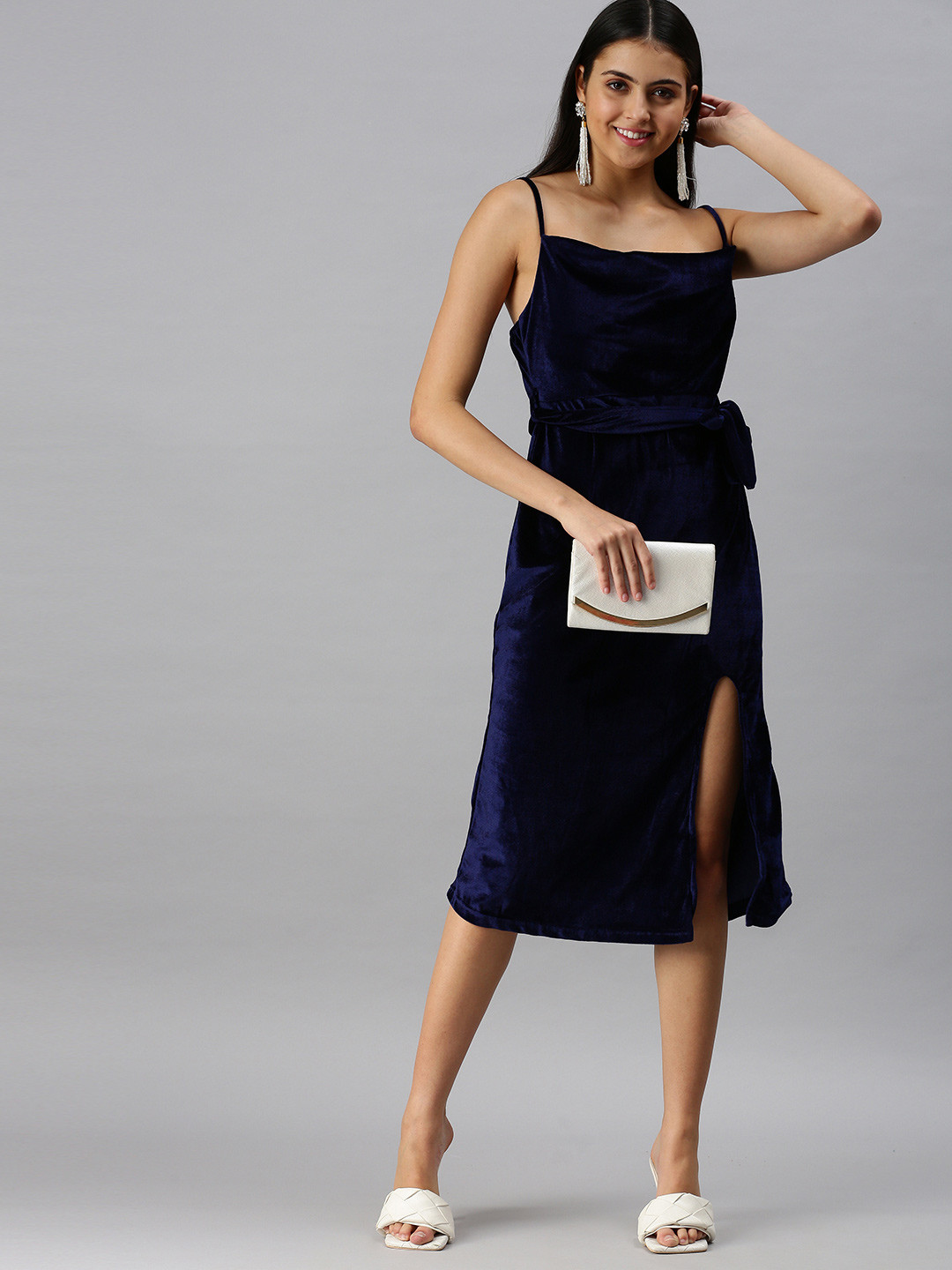 SHOWOFF Navy Blue Velvet Sheath Shoulder Straps Midi Dress