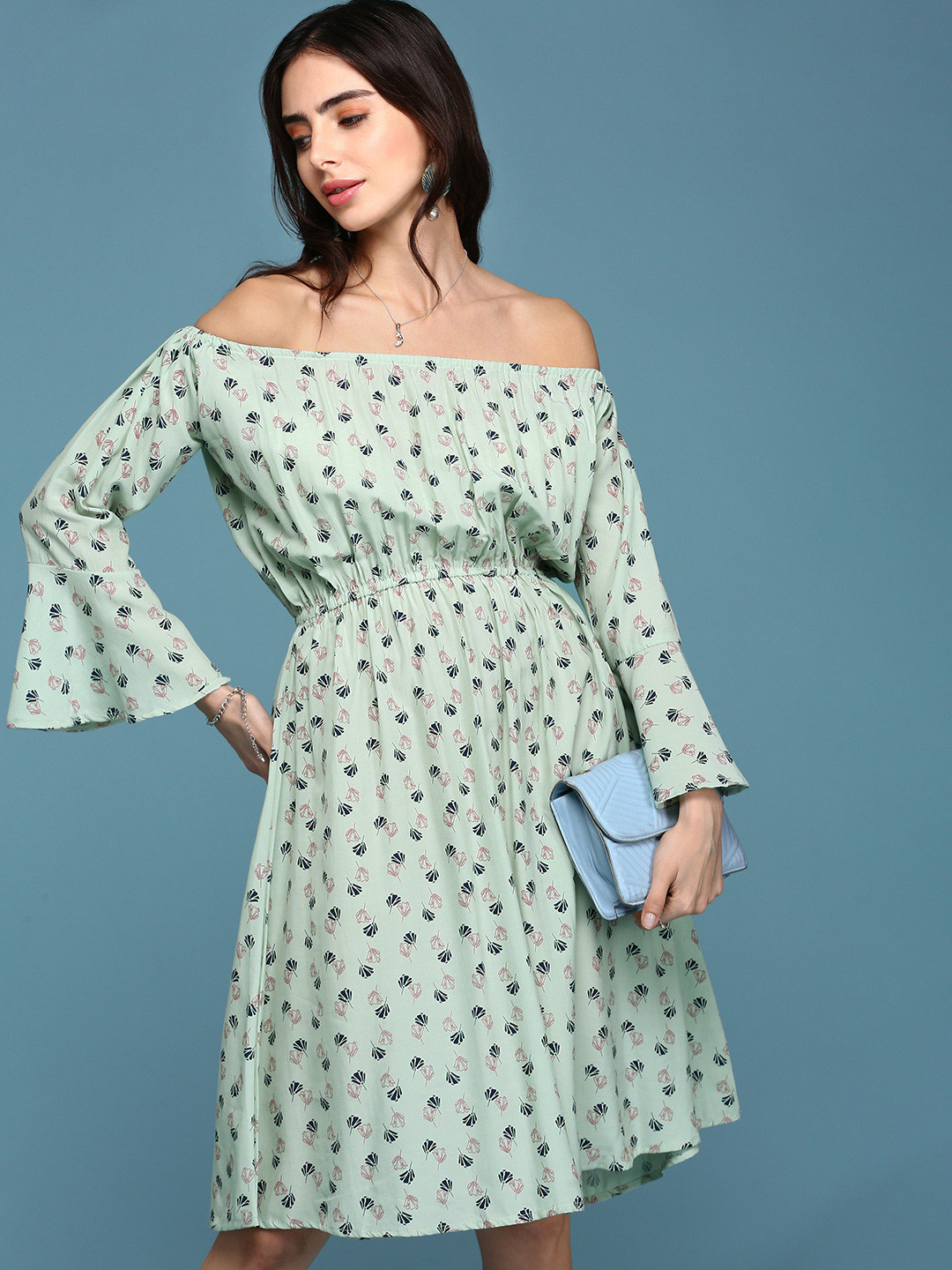 SHOWOFF Sage Green Floral Printed Off-Shoulder Fit & Flare Dress