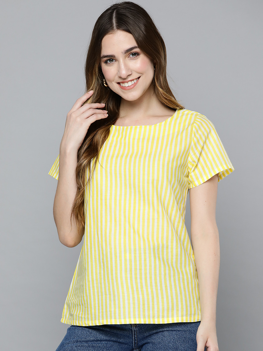 HERE&NOW Yellow & White Round Neck Striped Top