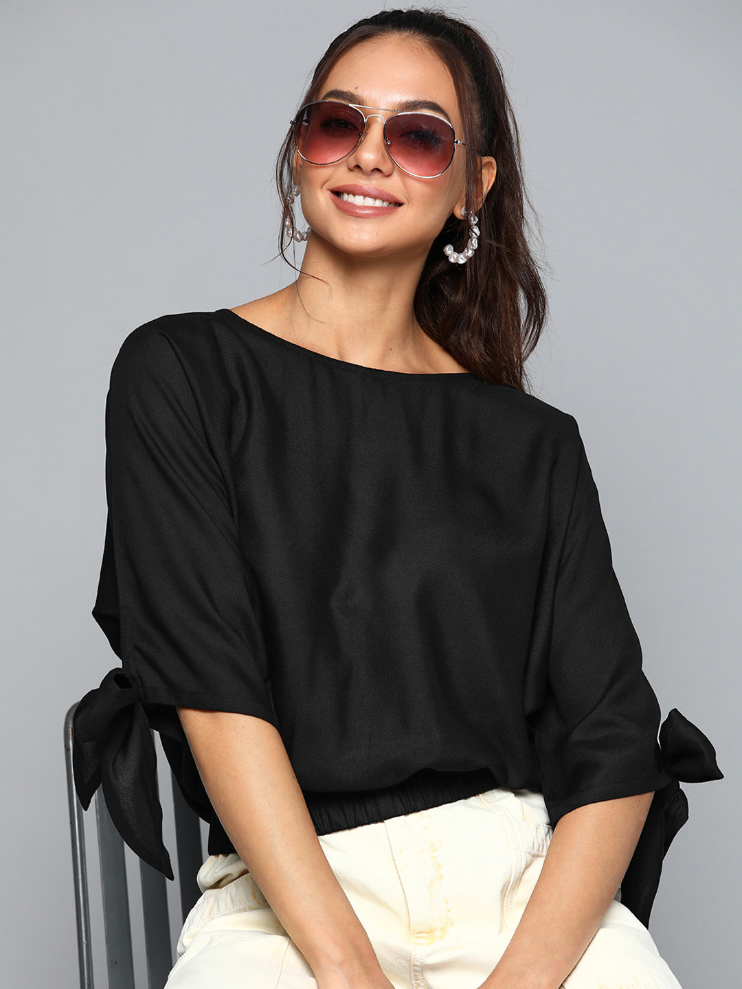 HERE&NOW Women Black Solid Monochrome Blouson Top