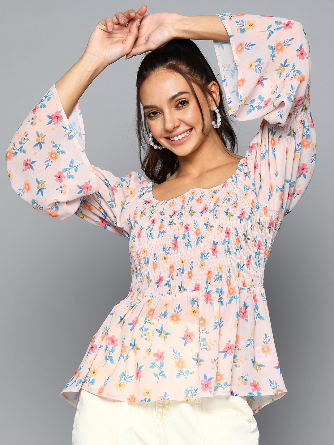 HERE&NOW Women Pink & Blue Floral Print Smocked Top