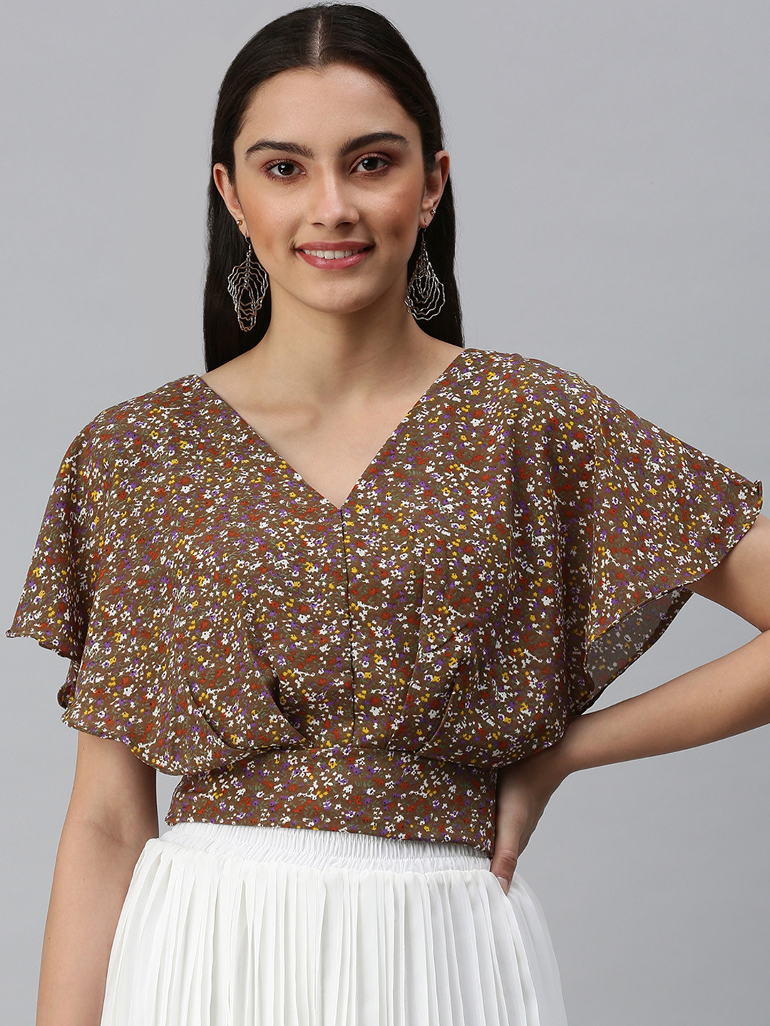 SHOWOFF Brown & Yellow Floral Print Georgette Top