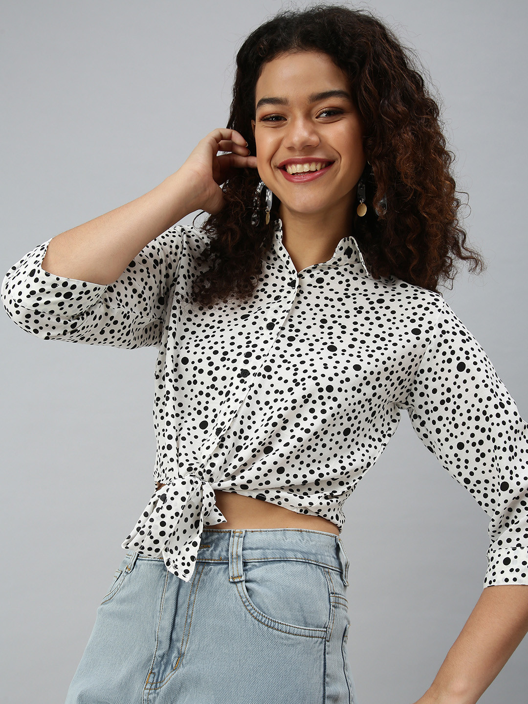 SHOWOFFFF Women White Printed Shirt Style Crop Top