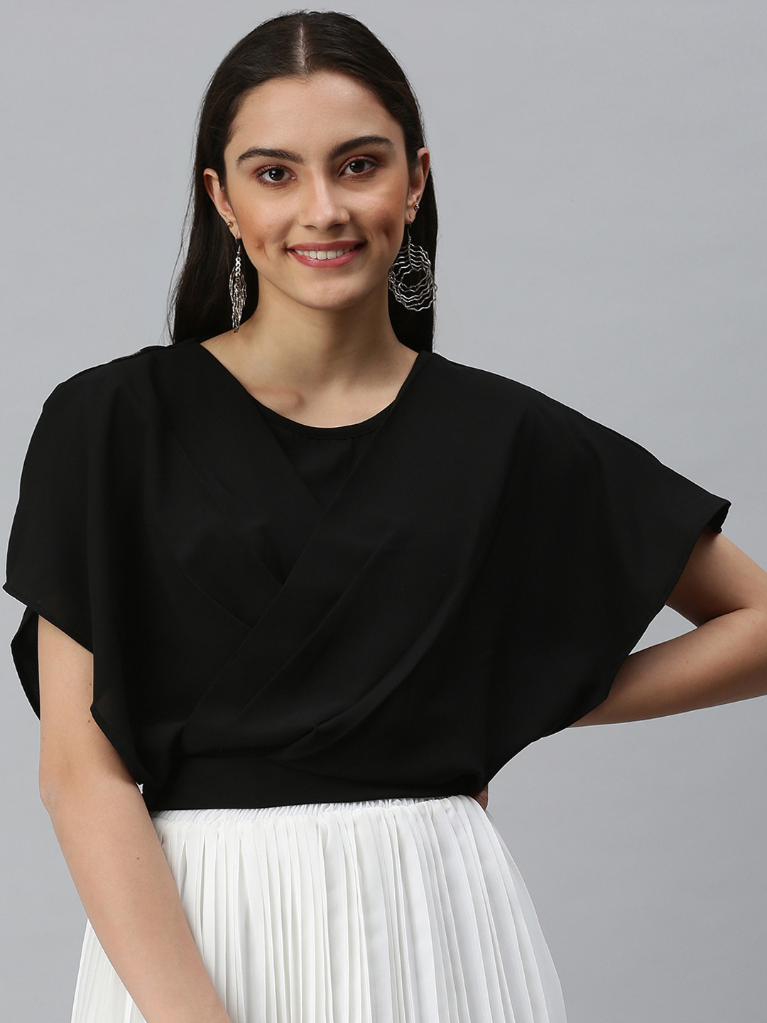 SHOWOFF Black Extended Sleeves Monochrome Chiffon Top