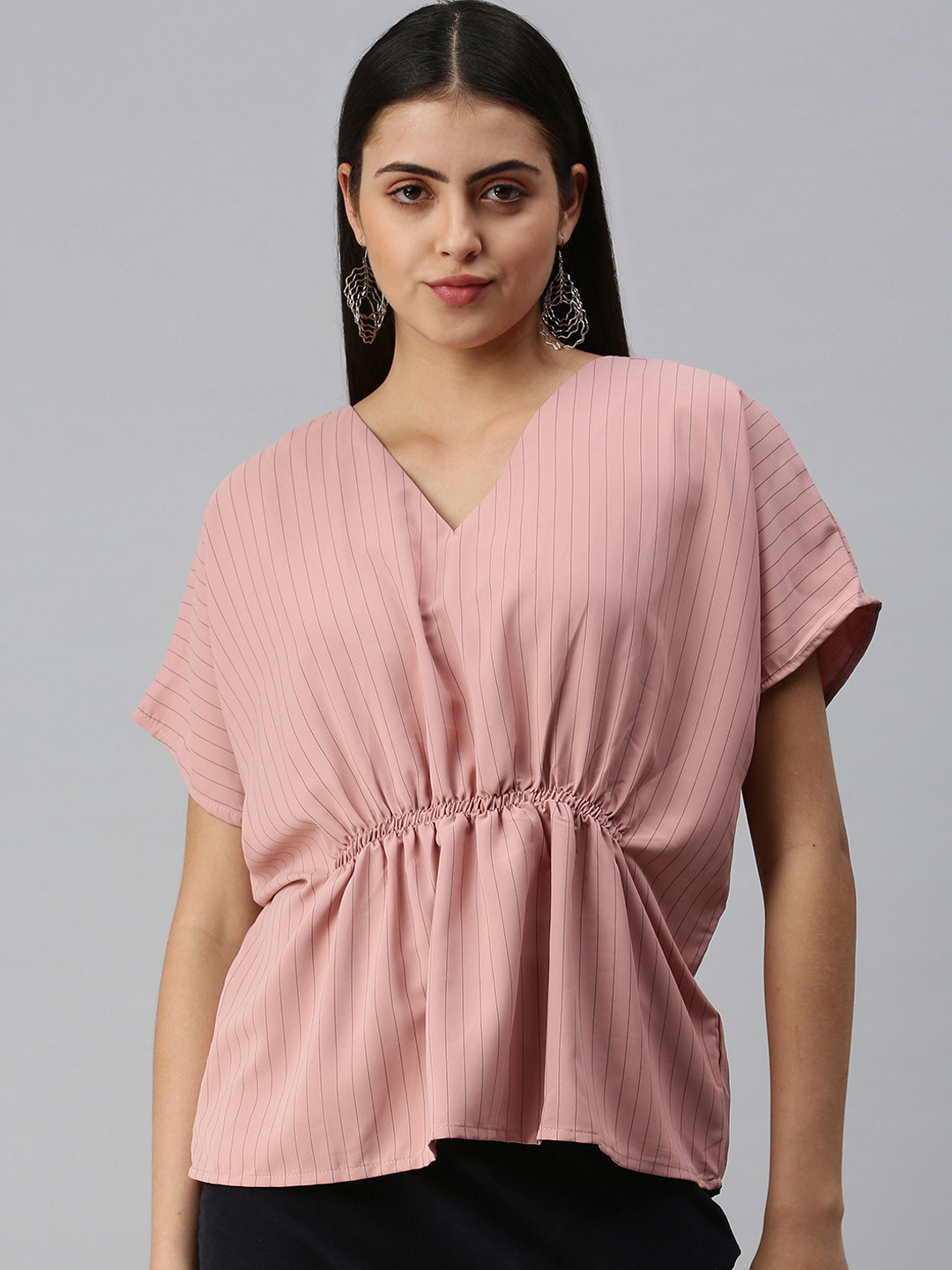 SHOWOFF Rose Pink & Black Striped Extended Sleeves Crepe Top