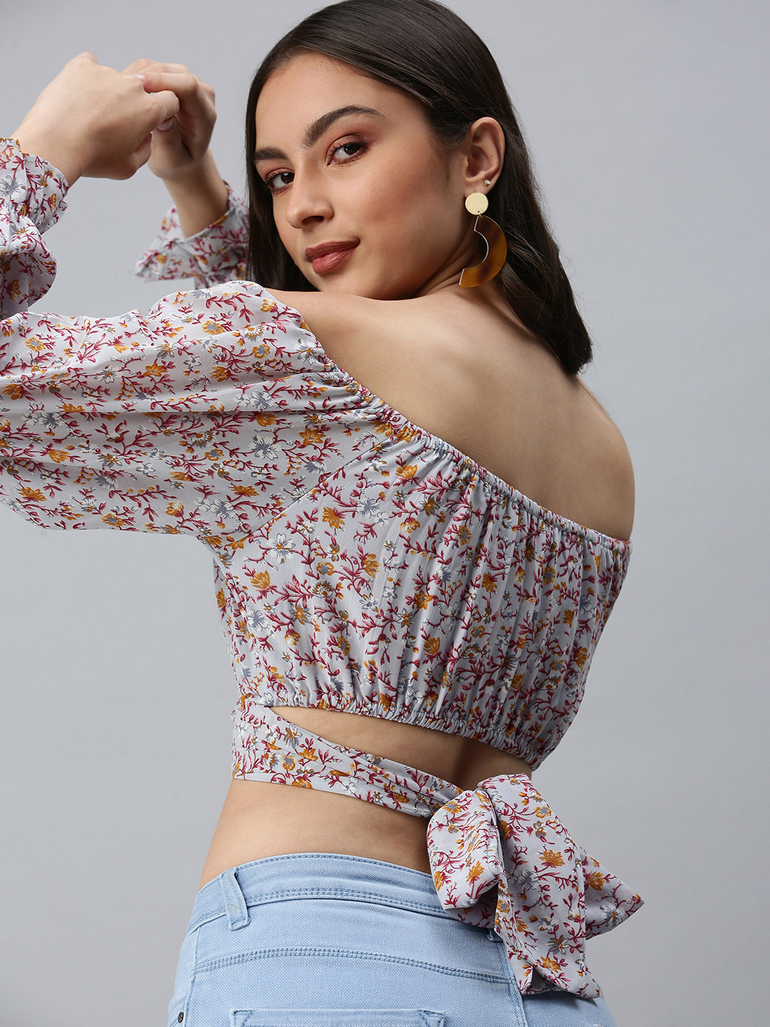 SHOWOFF Grey Floral Print One Shoulder Georgette Styled Back Crop Top