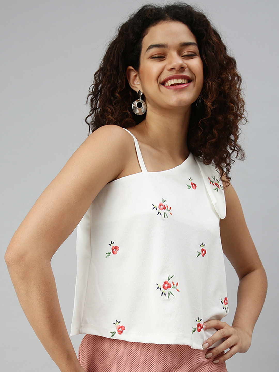 SHOWOFF Women White Floral Embroidered One Shoulder Top