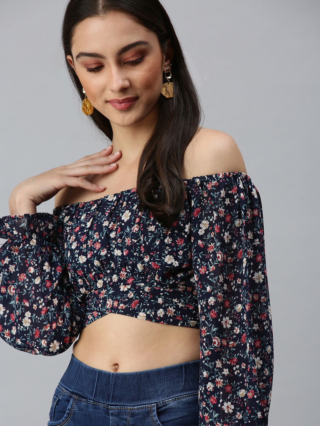 SHOWOFFFF Navy Blue & White Floral Printed Off-Shoulder Georgette Bardot Crop Top