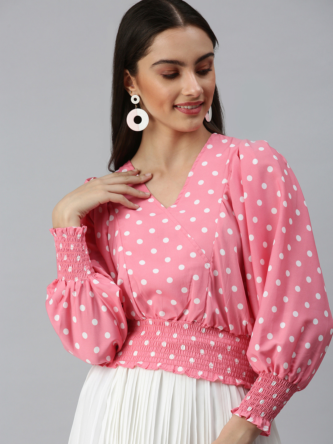SHOWOFF Pink & White Print Crepe Blouson Top