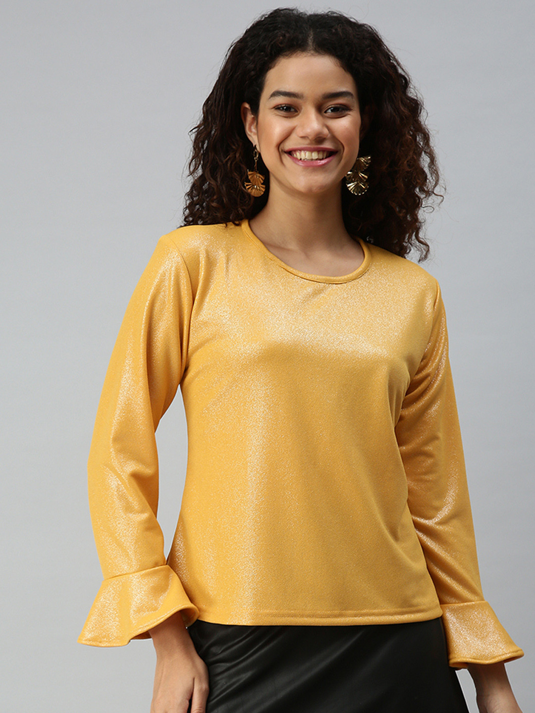 SHOWOFF Mustard Yellow Sheen Bell Sleeves Top