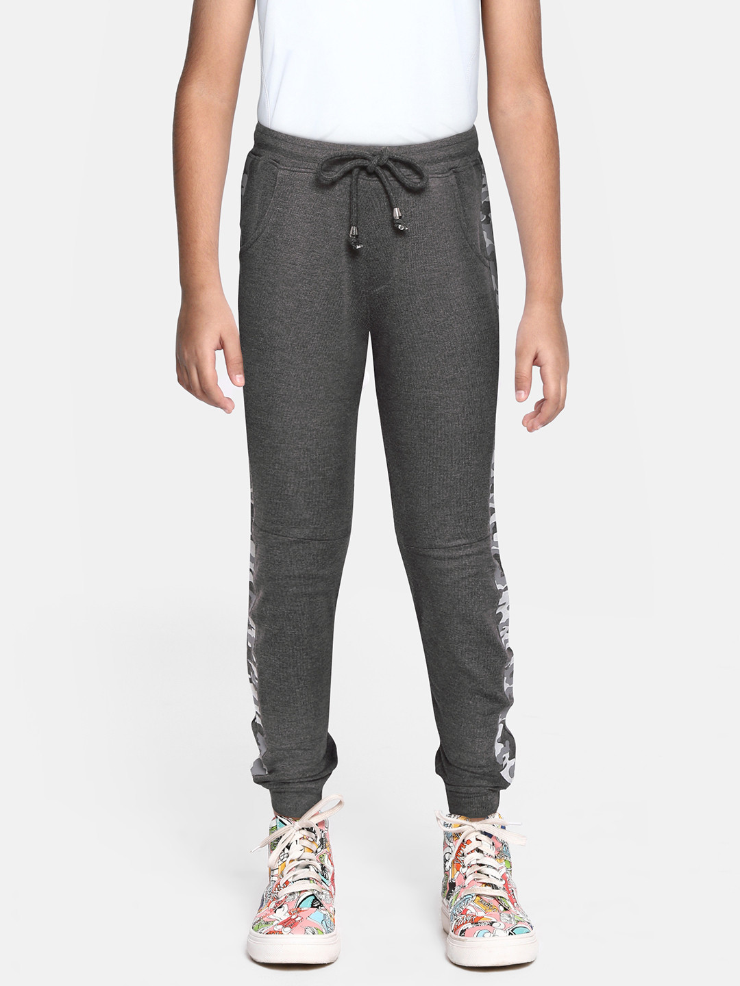 GOJI Boys Charcoal Grey & White Camouflage Printed Joggers