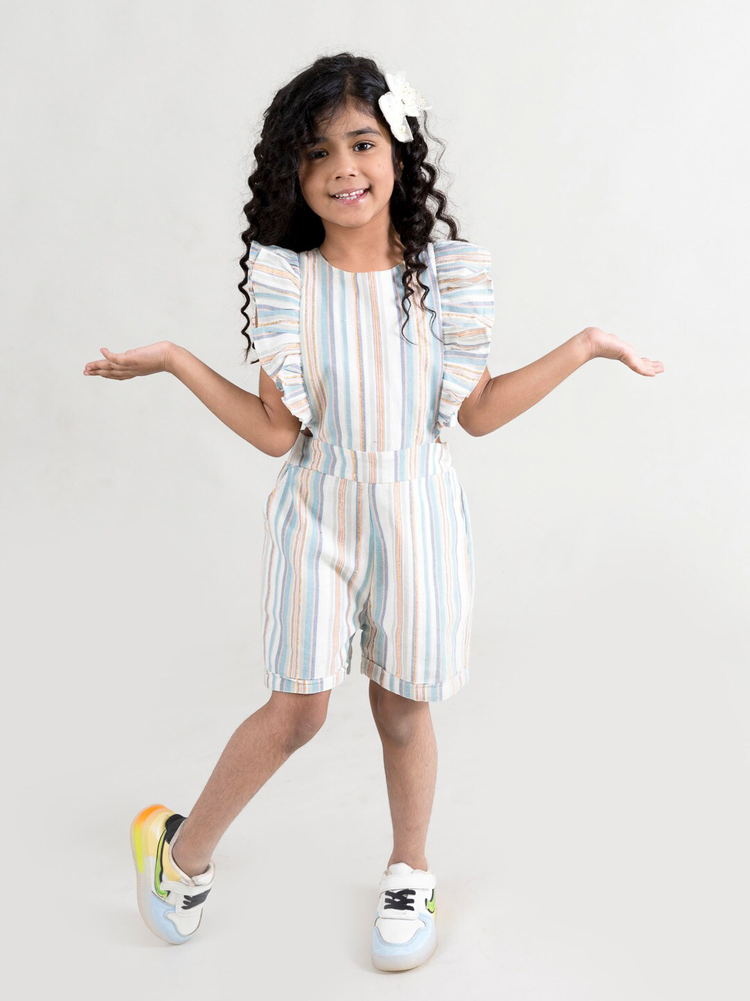 Fairies Forever Girls Off White & Blue Striped Cotton Capri Jumpsuit with Ruffles