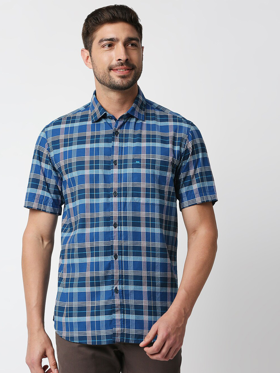Basics Men Navy Blue Slim Fit Checked Casual Shirt