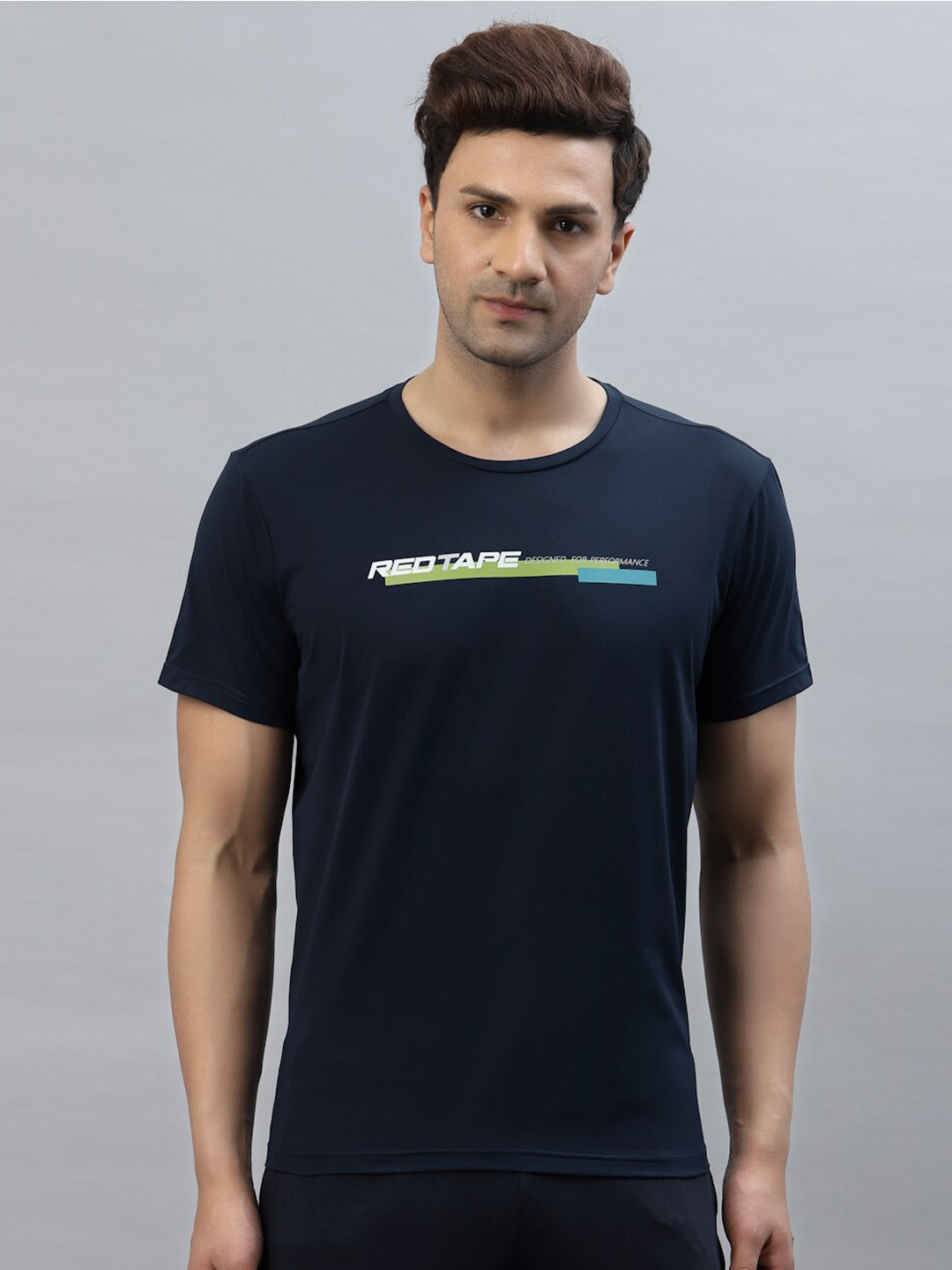 Red Tape Men Navy Blue Typography Printed Training or Gym T-shirt