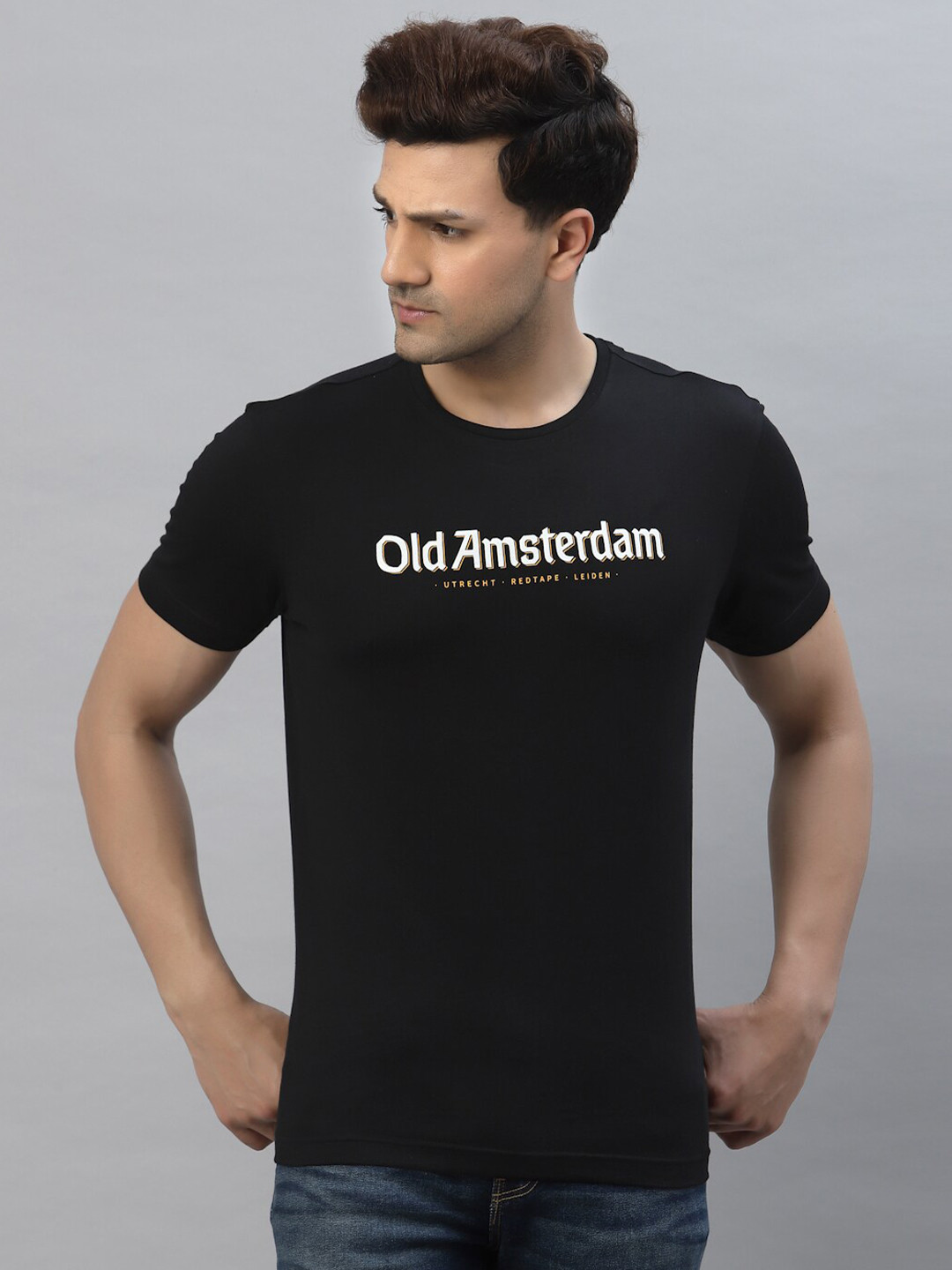 Red Tape Men Black & White Typography Printed Pure Cotton T-shirt