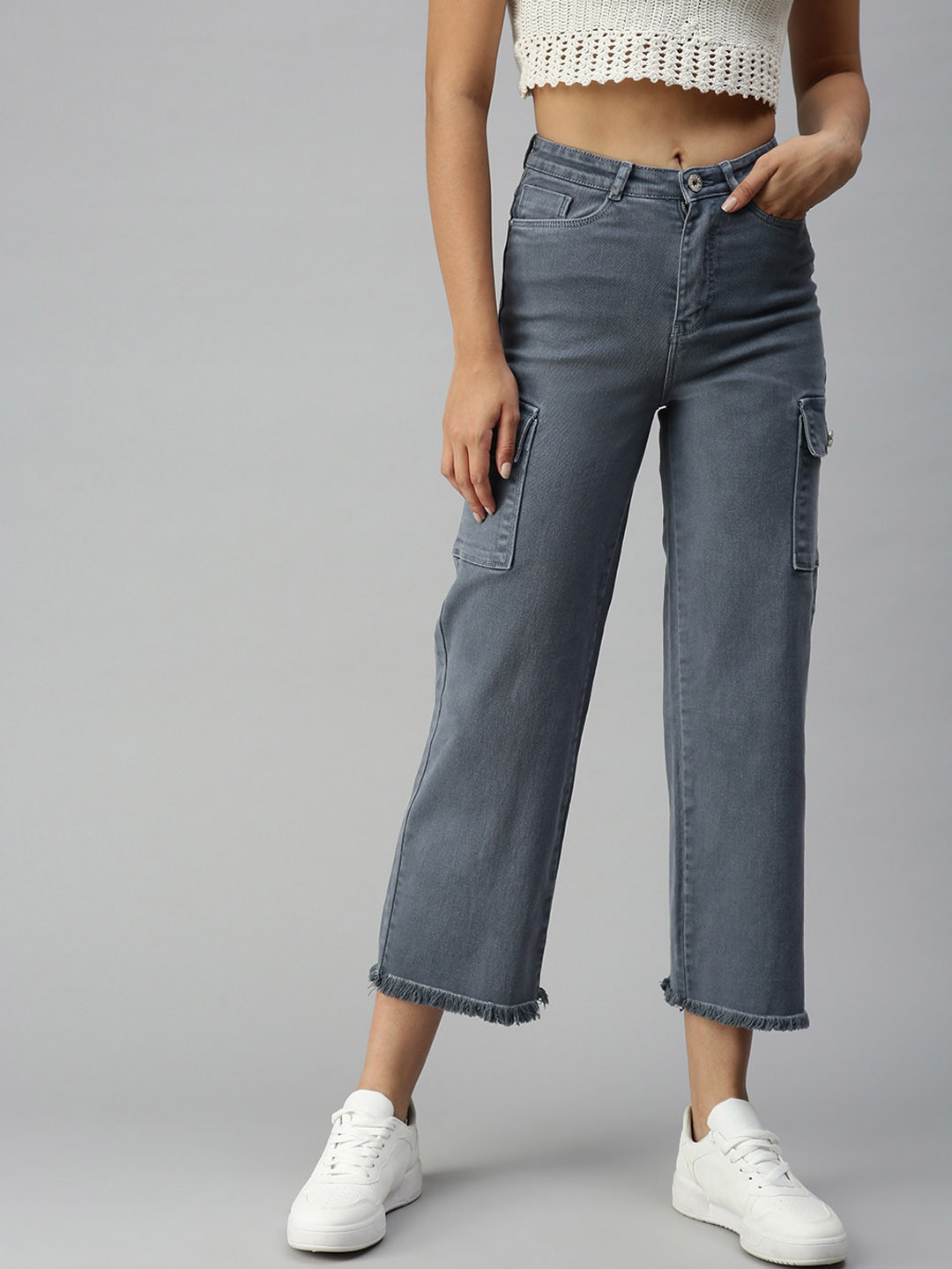 SHOWOFF Women Grey Wide Leg High-Rise Light Fade Stretchable Jeans
