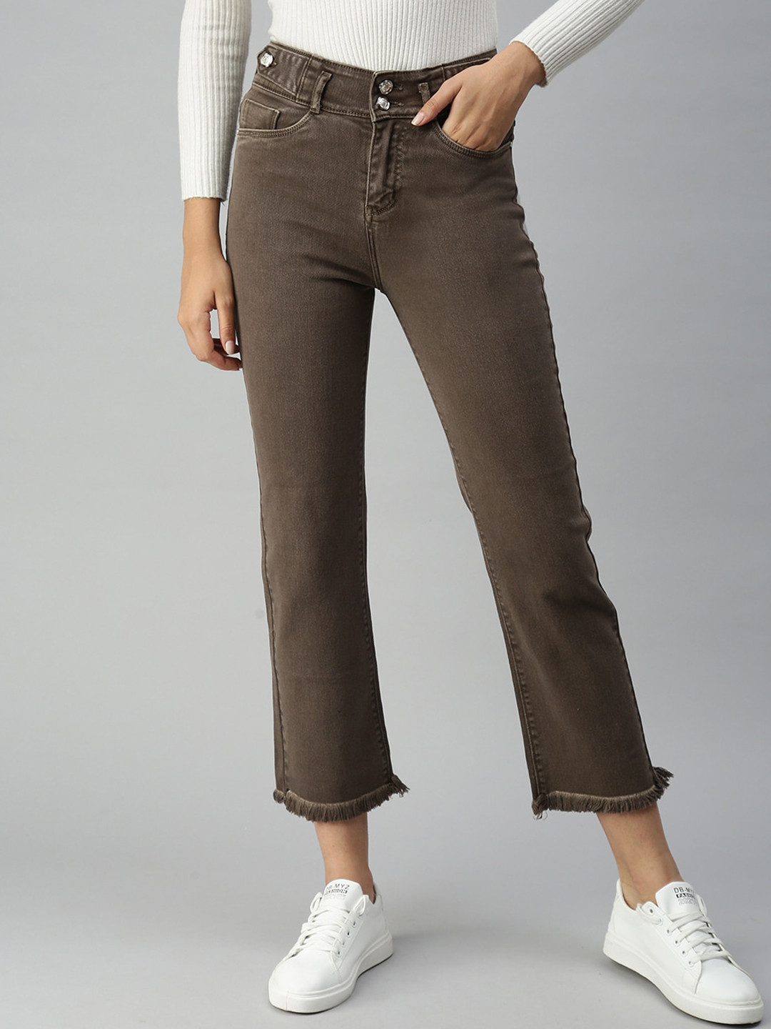 SHOWOFF Women Brown Jean Straight Fit High-Rise Stretchable Jeans