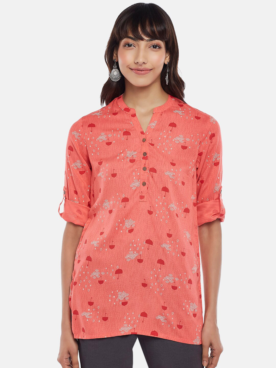 AKKRITI BY PANTALOONS Coral Viscose Rayon Mandarin Collar Printed Tunic