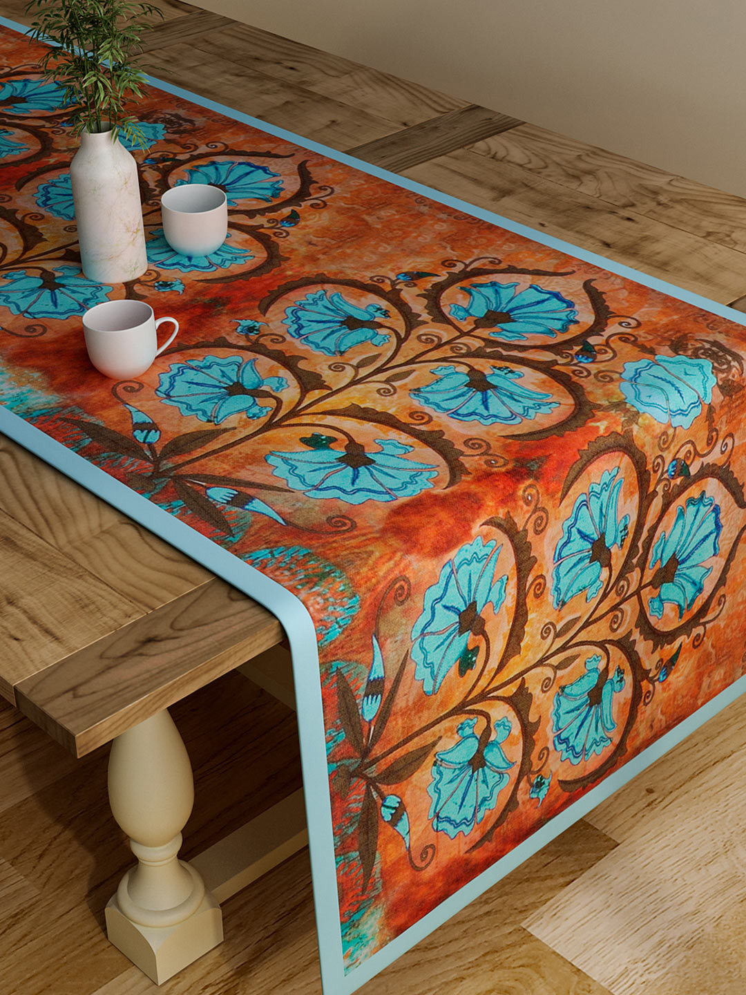 SEJ by Nisha Gupta Brown & Blue Floral Print Rectangular Cotton Table Runner