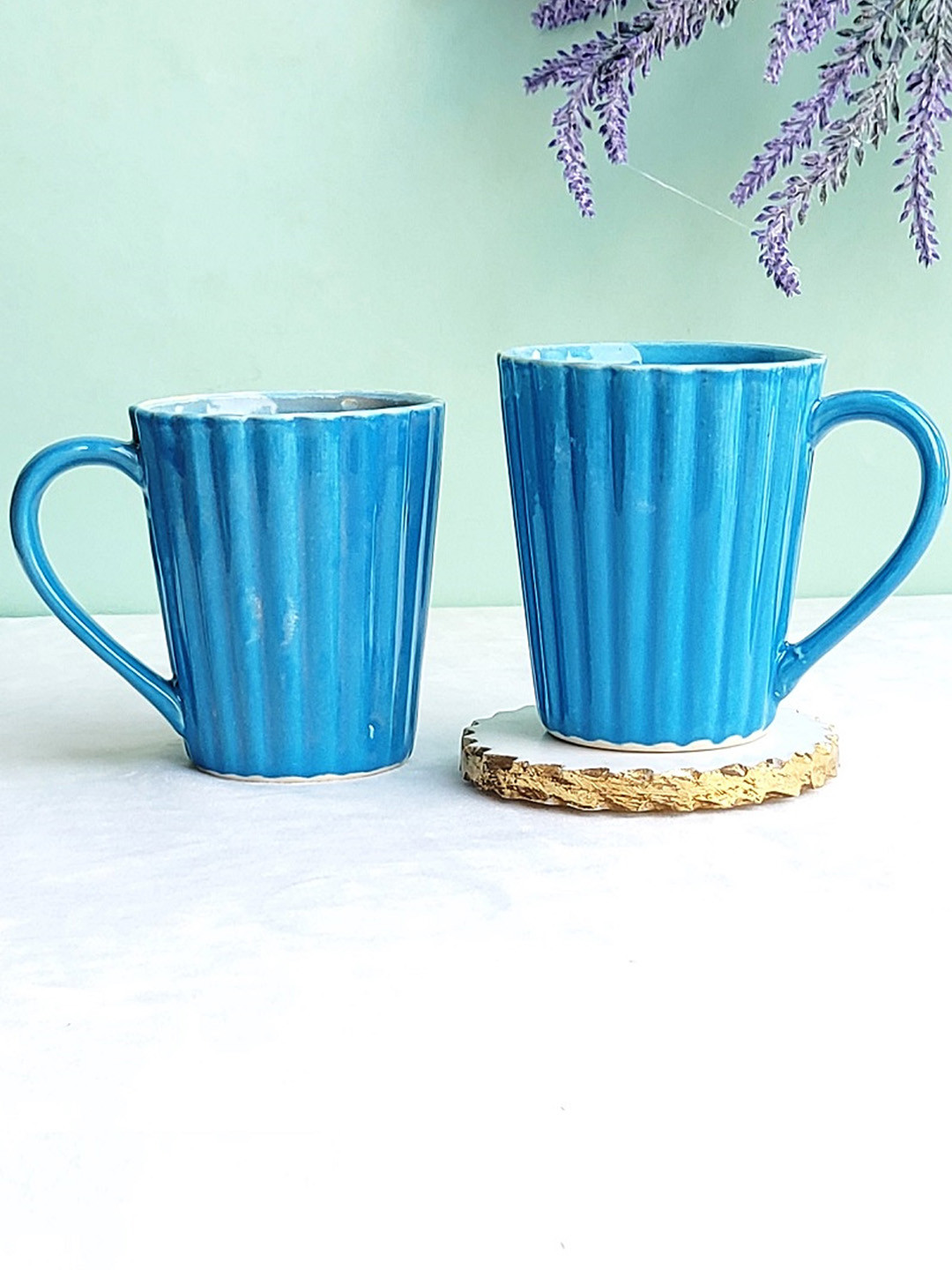 Folkstorys Bouquet in Gold Luxe Sips Blue Striped Ceramic Handmade 2 Piece Mugs-300ml