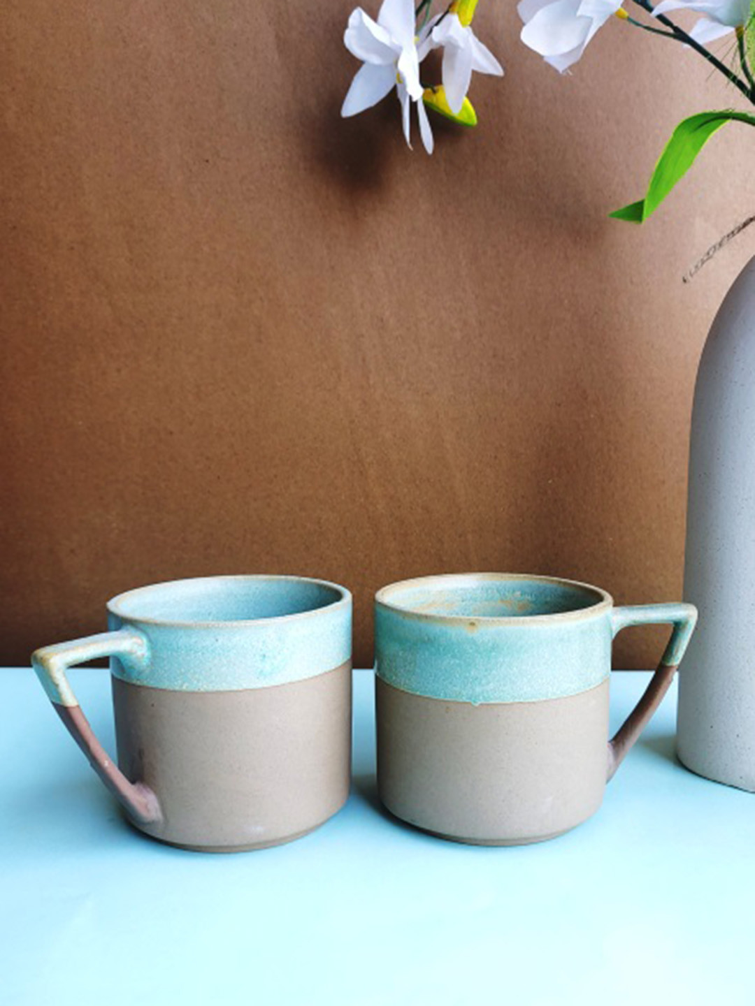 Folkstorys Aditya Name Personalised Brown Textured Ceramic Handmade 2 Piece Mugs-350ml