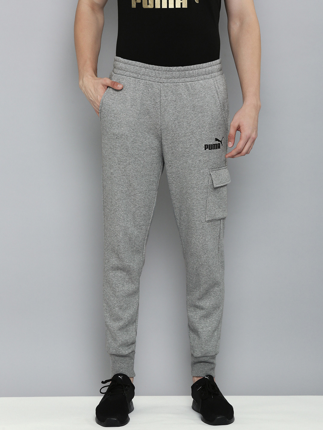 Puma Men Grey Melange Brand Logo Printed Mid-Rise Regular Cargo Joggers