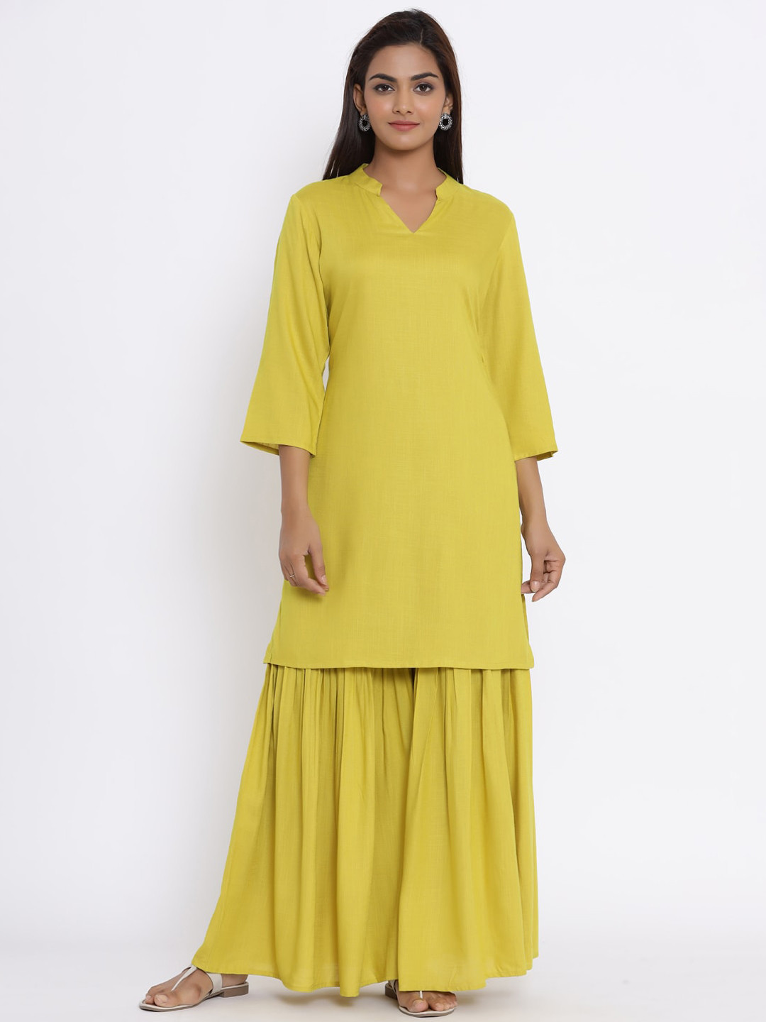 MIRAVAN Women Yellow Pure Cotton Kurti with Sharara