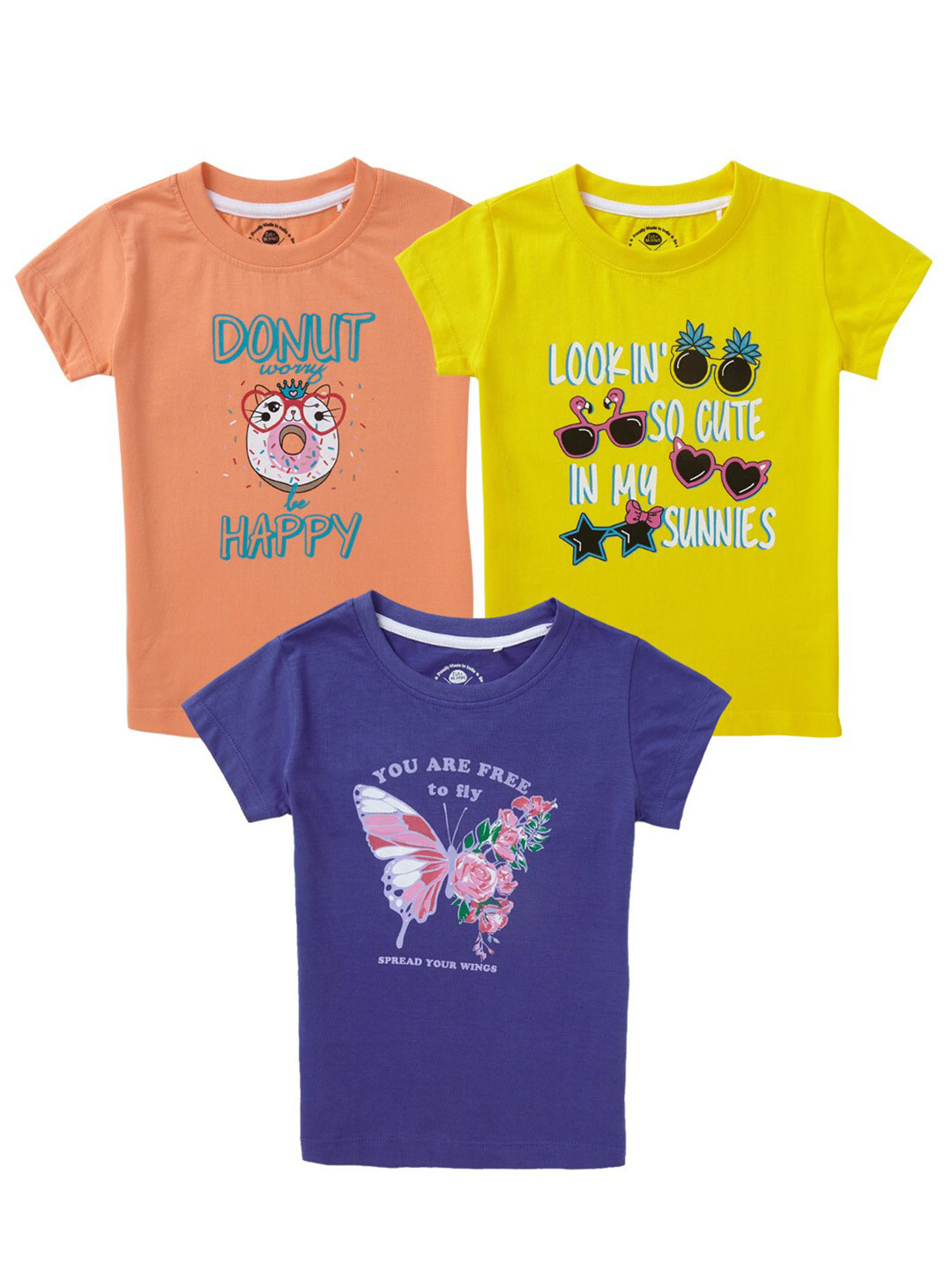 Cub McPaws Girls Pack of 3 Blue & Yellow Printed Cotton T-shirts
