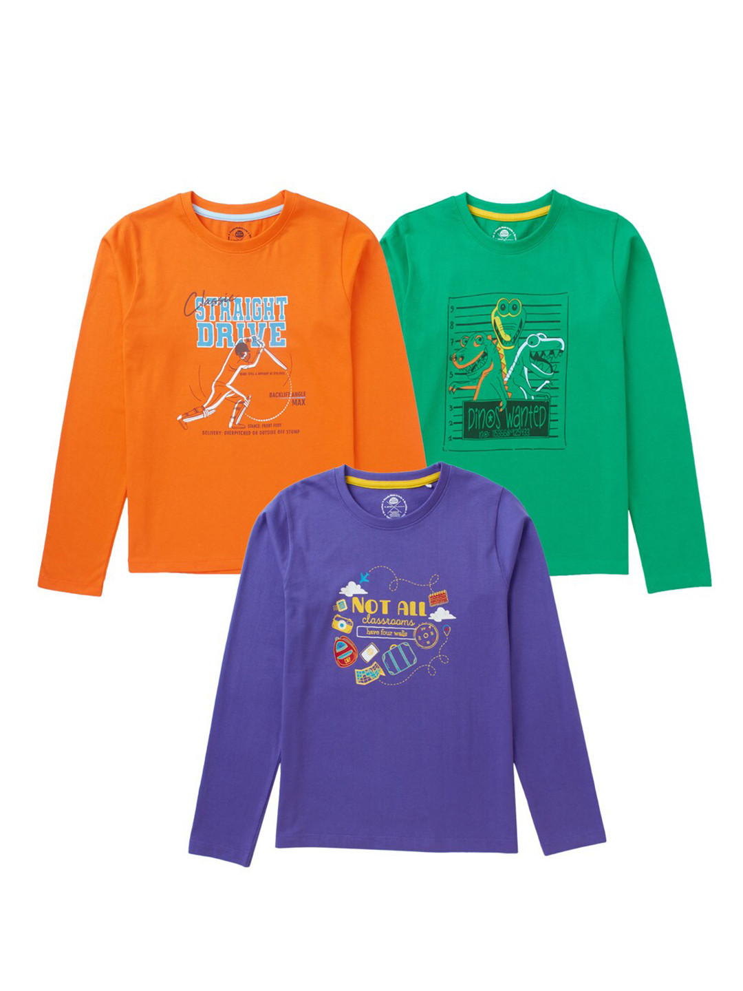 Cub McPaws Set Of 3 Boys Orange & Green Printed Cotton T-shirt