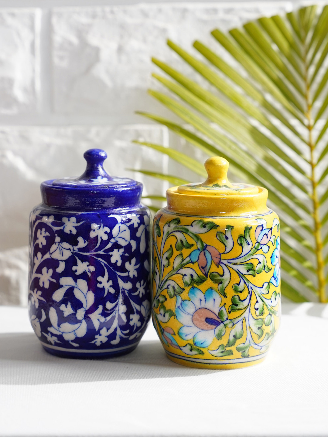 Folkstorys Yellow Floral Ceramic Hand-Painted 2 Piece Clip-On Jar