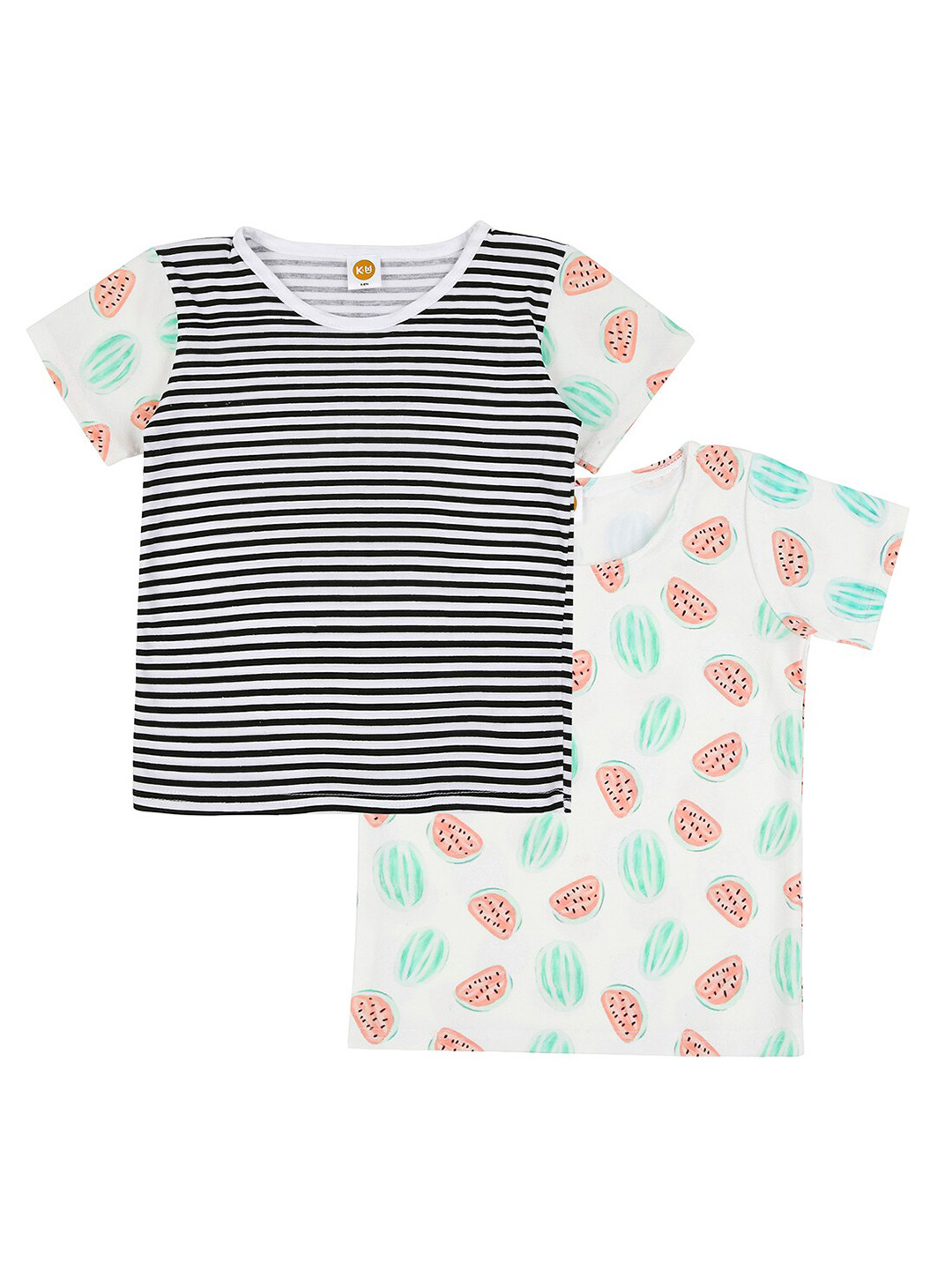 K&U Girls Green & Black Set of 2 Striped Printed Cotton T-shirt