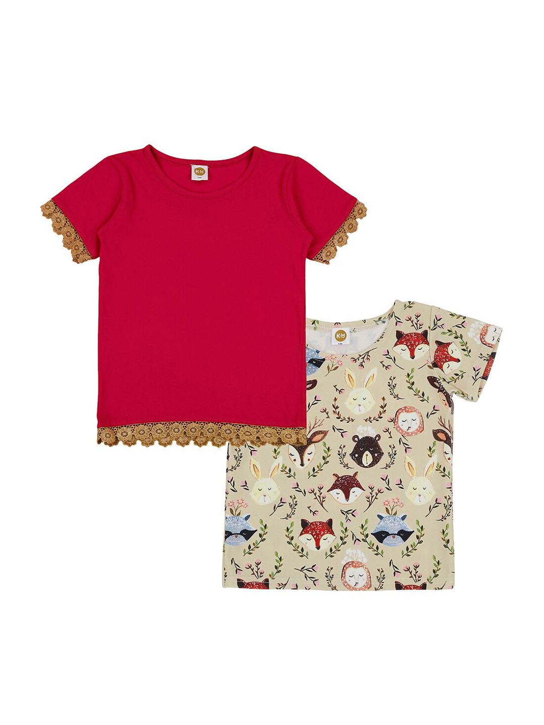 K&U Girls Red & Beige Set Of 2 Printed T-shirt