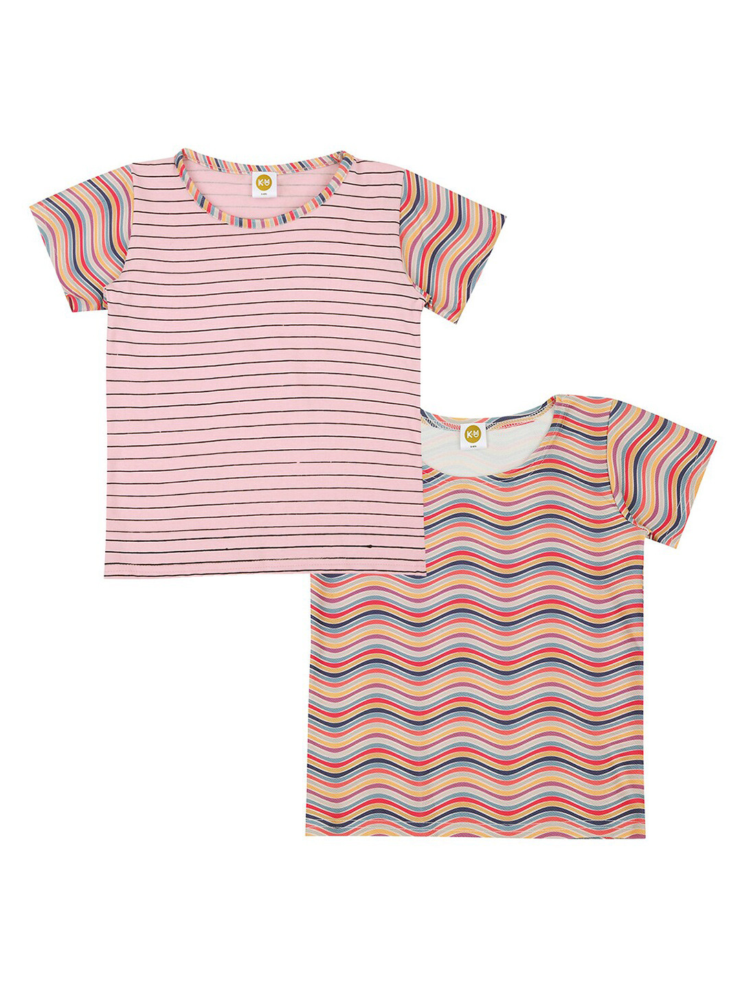 K&U Girls Multicoloured Set Of 2 Striped T-shirt