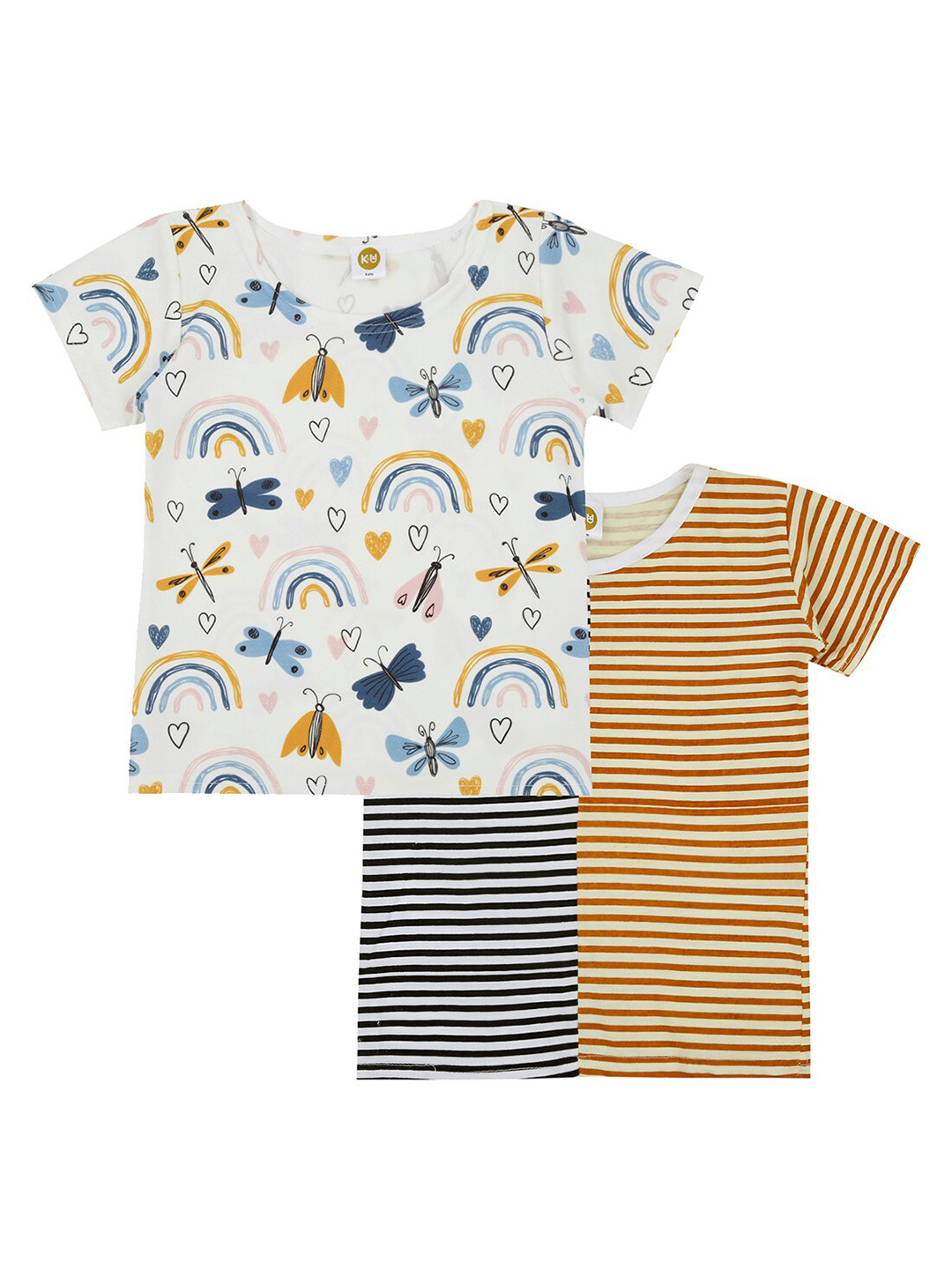 K&U Girls Pack of 2 White & Black Striped T-shirt