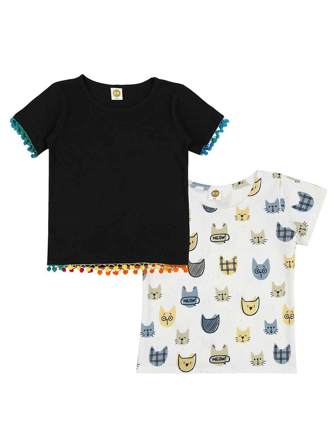 K&U Girls Black & White Printed T-shirt Pack Of 2