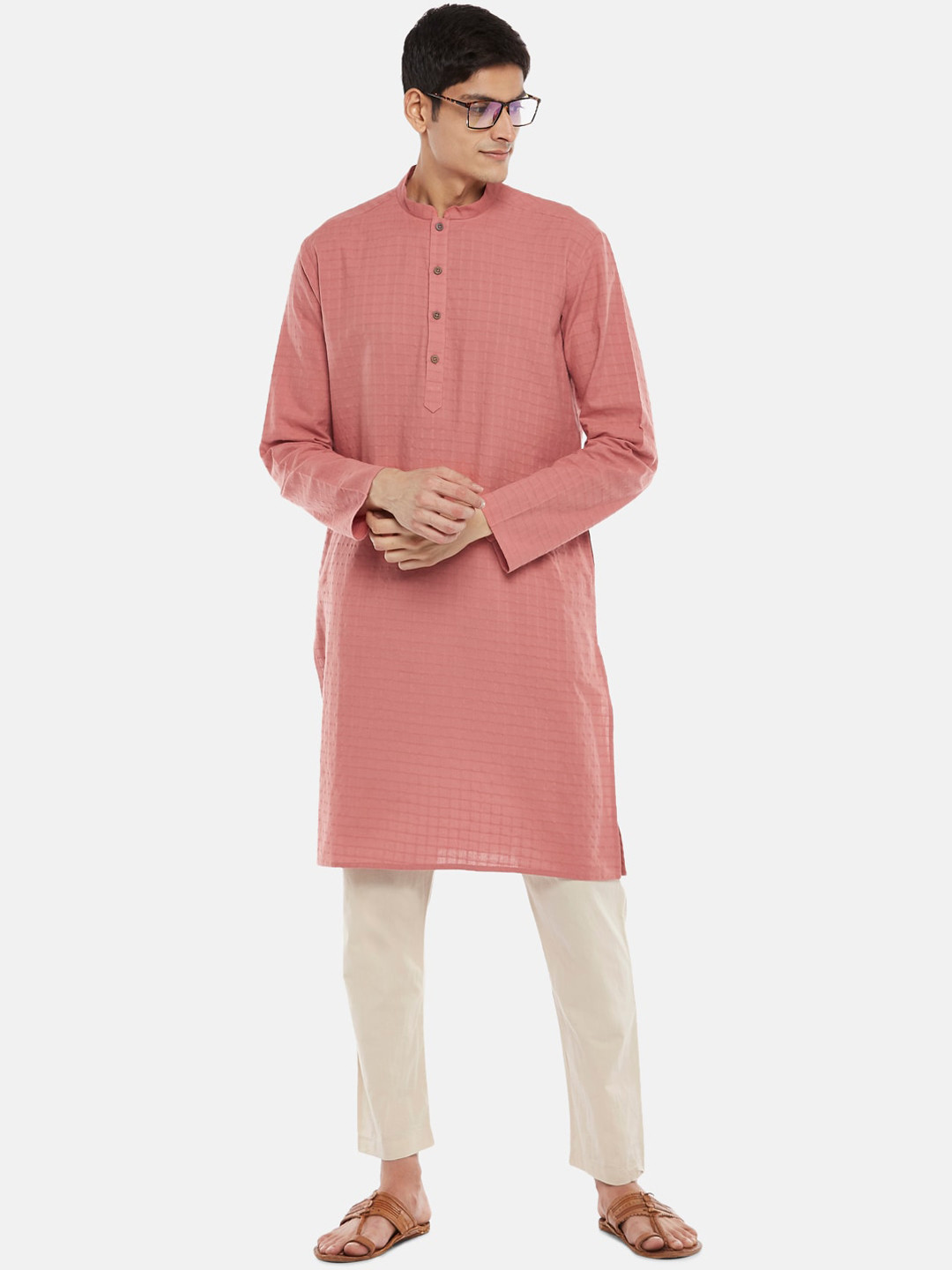 indus route by Pantaloons Men Rose Checked Dobby Kurta