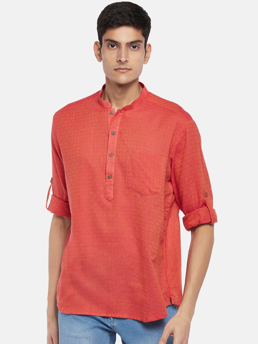 indus route by Pantaloons Men Rust Dobby Solid Cotton Kurta