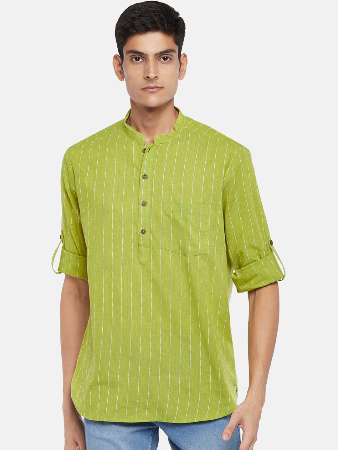 indus route by Pantaloons Men Lime Green Dobby Pure Cotton Kurta