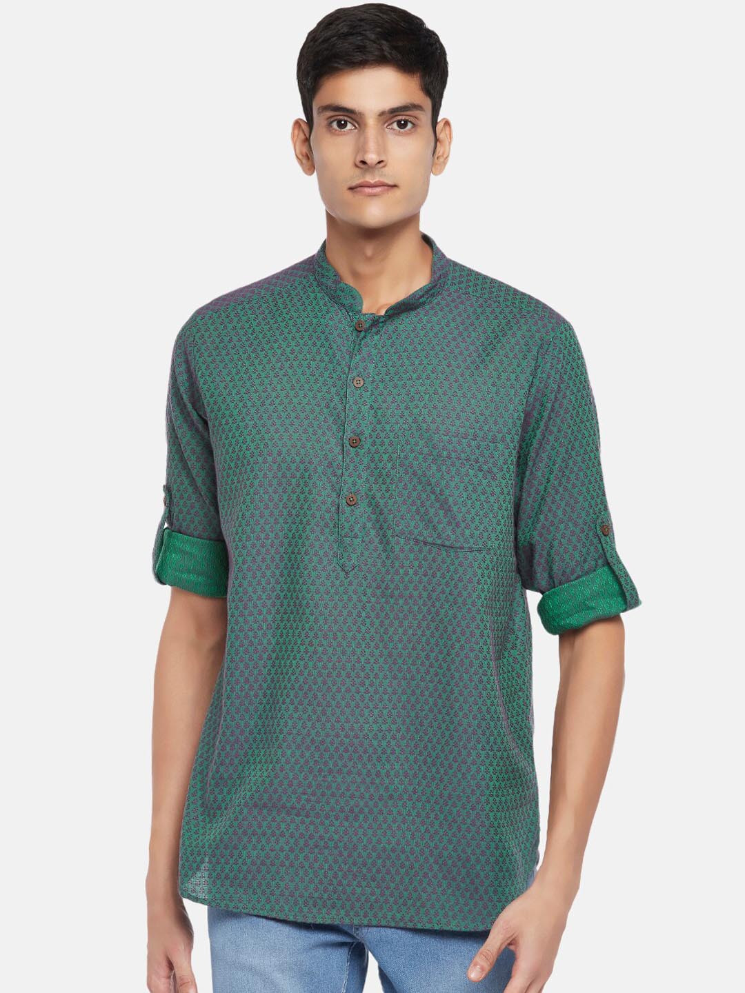 indus route by Pantaloons Men Green Thread Work Dobby Kurta