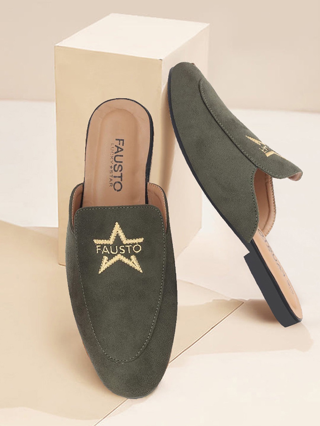 FAUSTO Men Olive Green Embroidered Velvet Mules