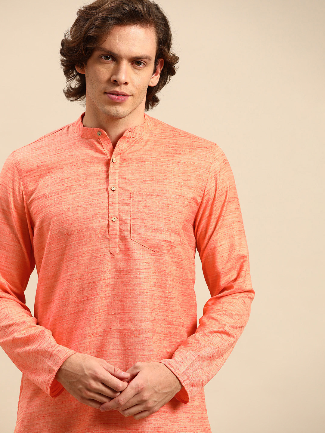 Anouk Men Peach-Coloured Woven Design Short Kurta