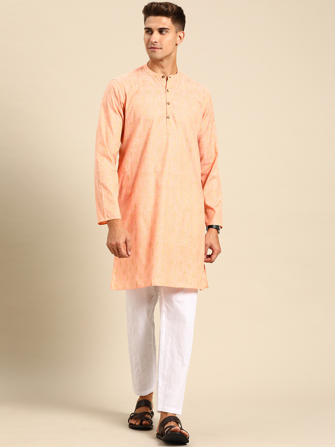 Anouk Men Peach-Coloured Woven Design Pure Cotton Kurta with Pyjamas