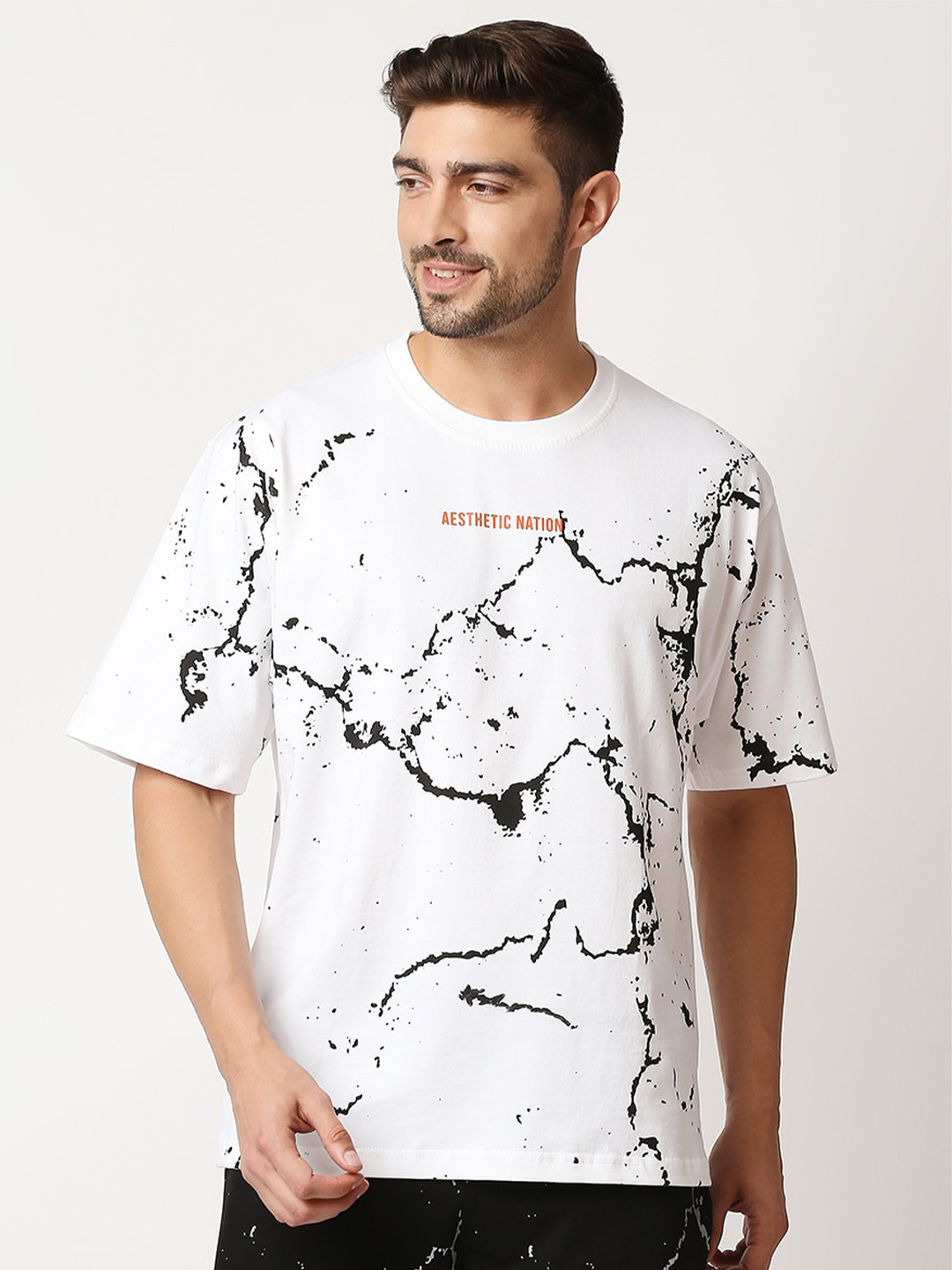 AESTHETIC NATION Men White Printed ClimaCool Cotton Oversize Marble Tshirt