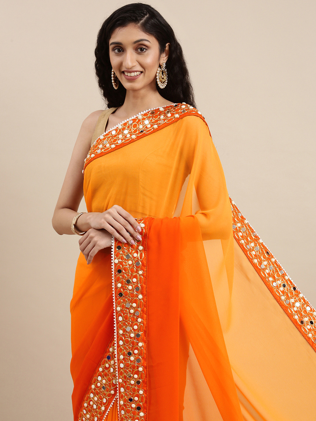 Jashvi Creation Orange Ombre Mirror Work Heavy Work Saree