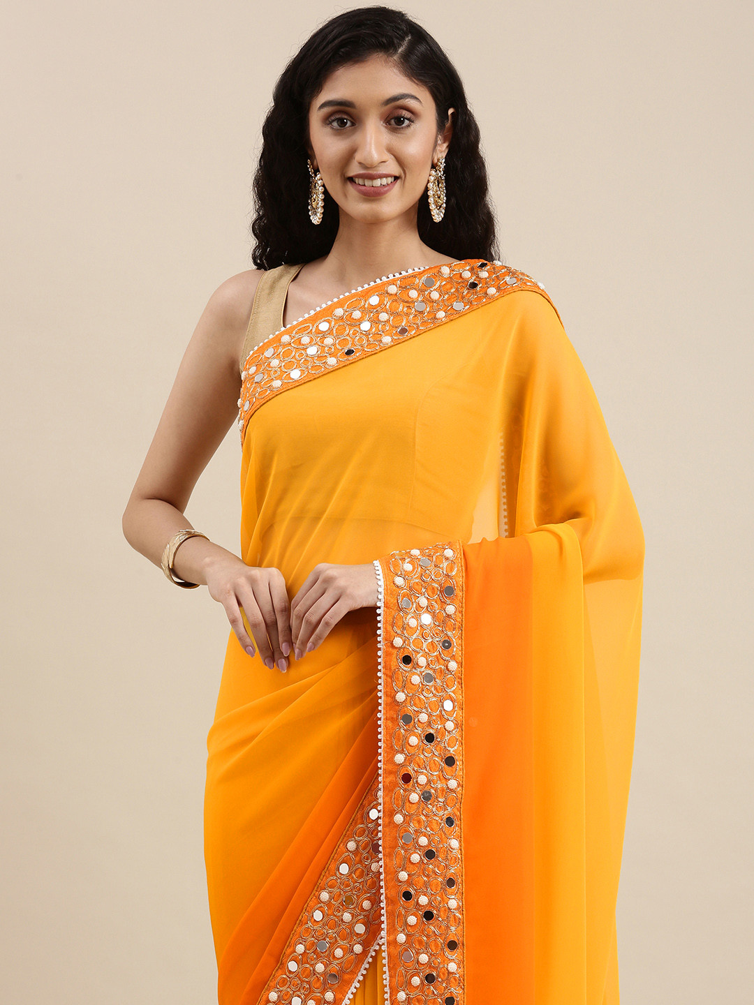 Jashvi Creation Yellow & Orange Ombre Mirror Work Heavy Work Saree