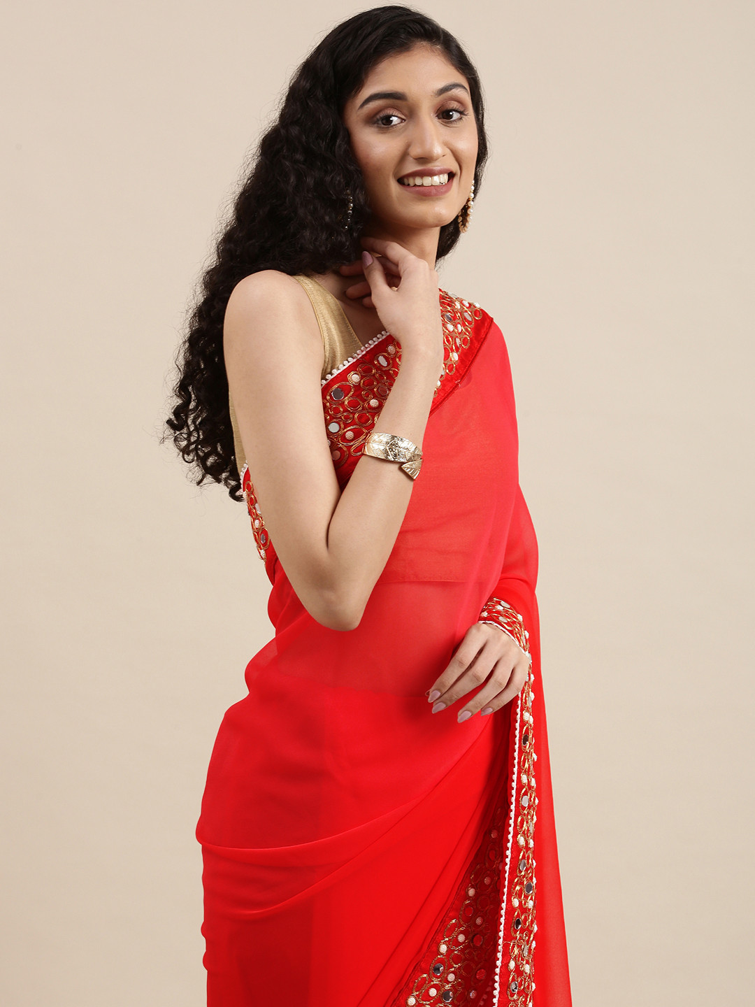 Jashvi Creation Red Mirror Work Heavy Work Saree